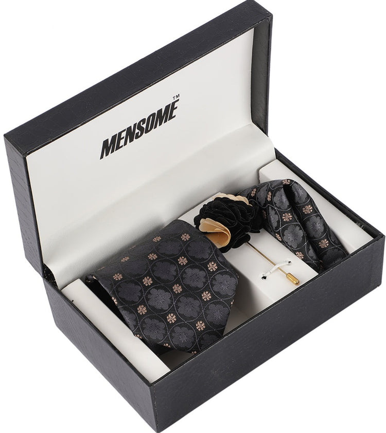 MENSOME Black Geometric Neck Tie Combo Set With Pocket Square And Cuff